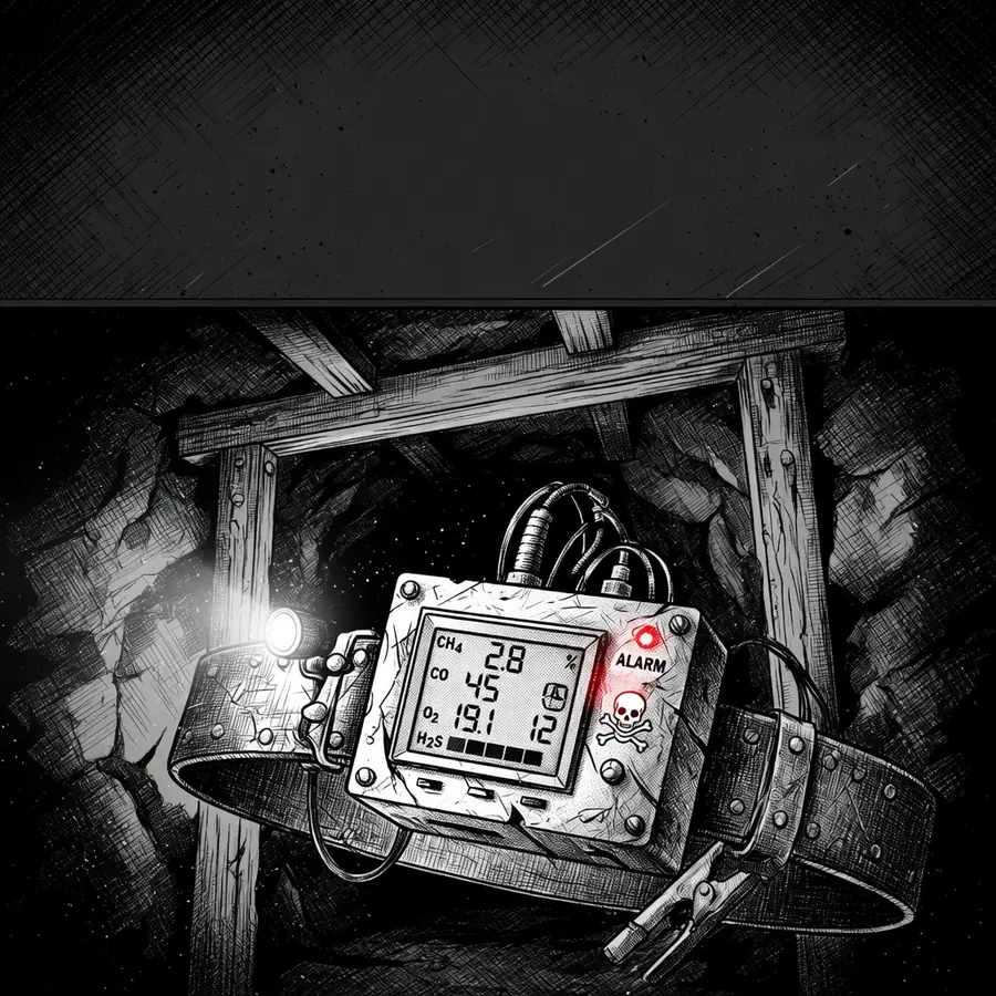 A gas monitor clipped to a miner's belt.