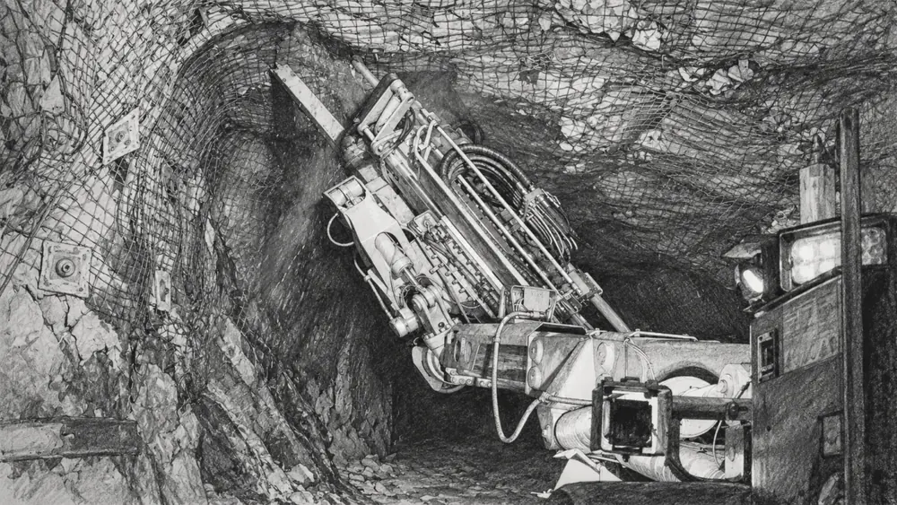 A pencil drawing of a drill angled toward the tunnel face.