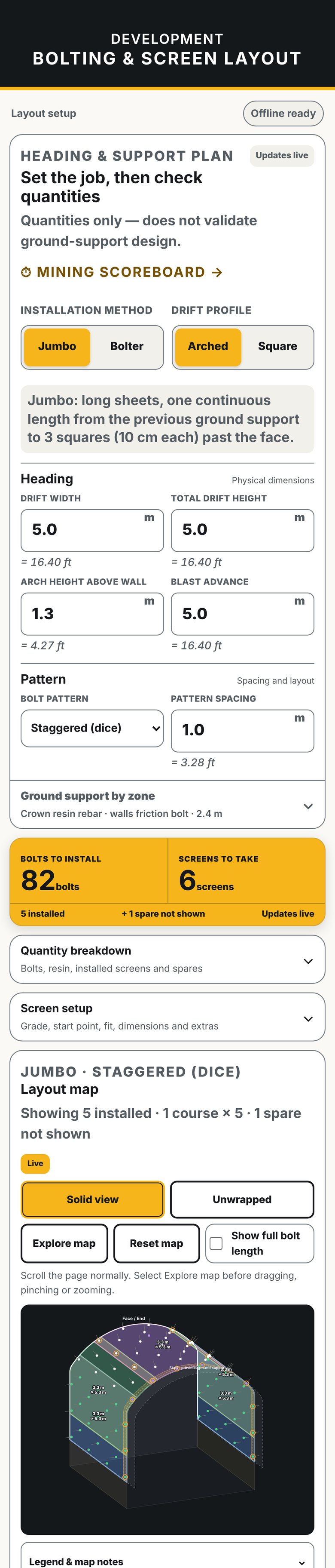 The bolting calculator on a phone, scrolling from the job setup to 82 bolts and 6 screens and a 2.5D layout map of the heading.