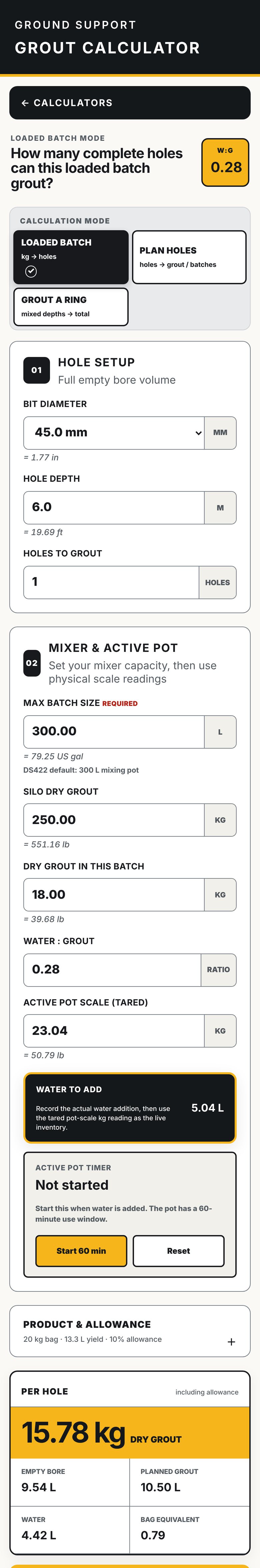 The grout calculator on a phone, scrolling from hole setup to 15.78 kg of dry grout per hole.