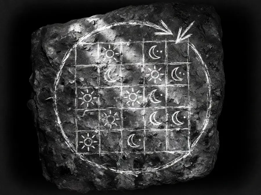 An engraving of a calendar with sun and moon shift symbols.