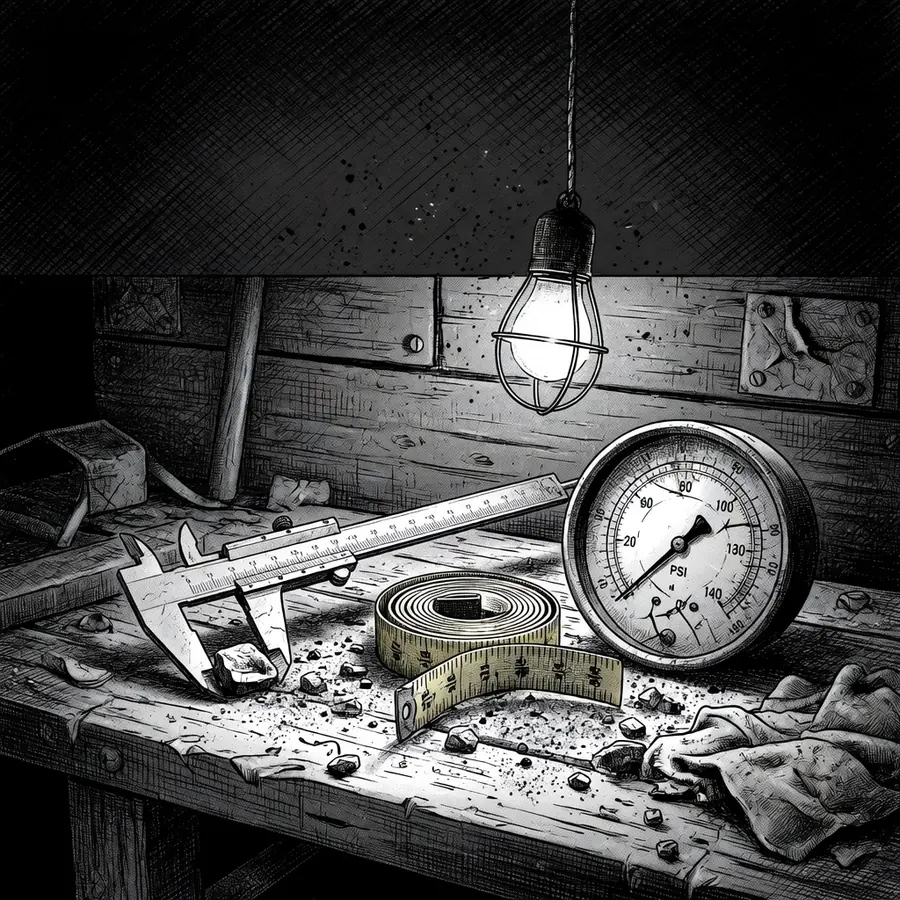 Calipers, a tape measure and a gauge on a workbench.